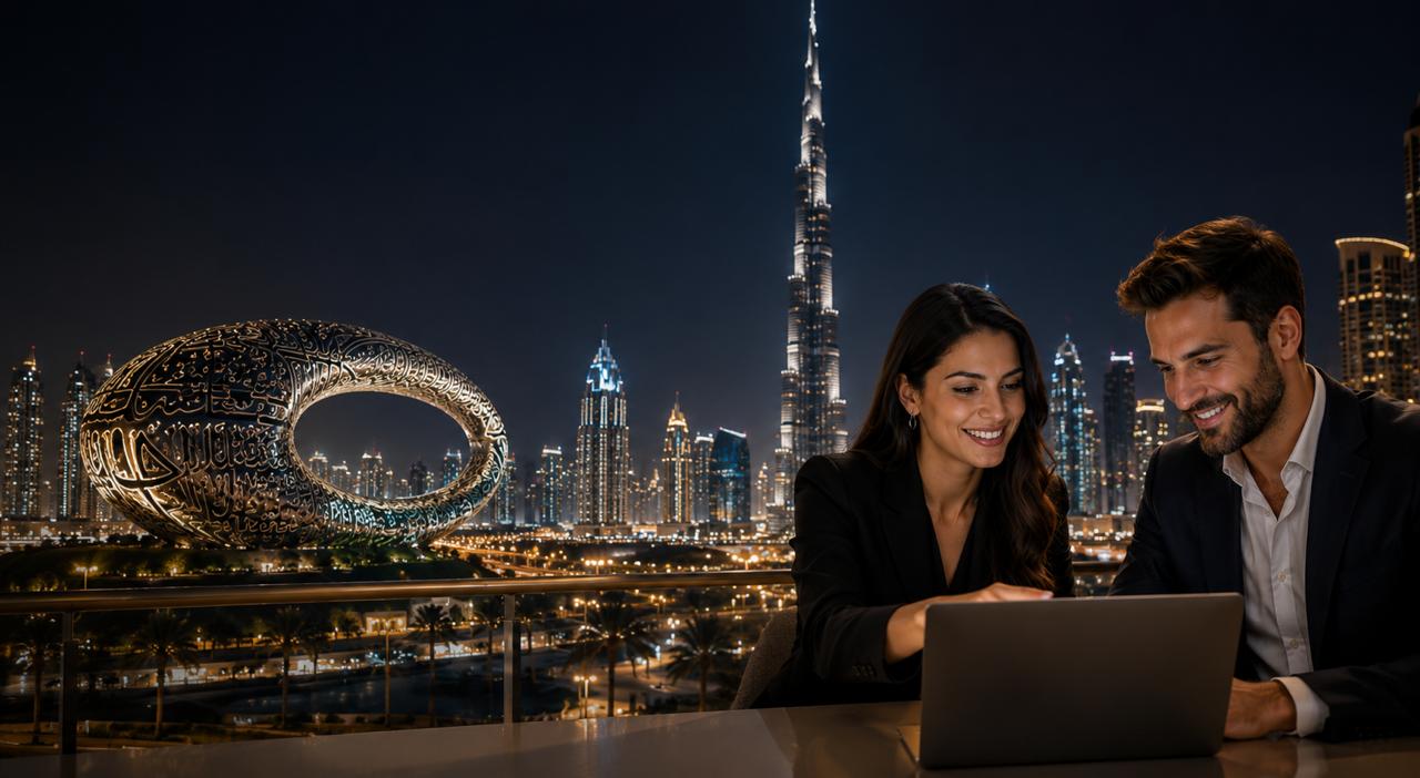 Business partners reviewing a laptop with Dubai's Burj Khalifa and Museum of the Future skyline at night